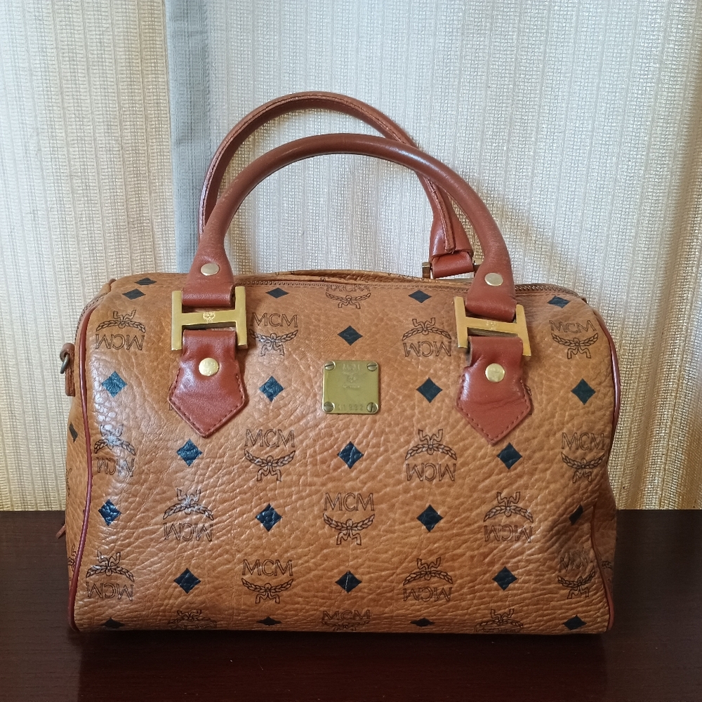 MCM Cognac Brown Monogram Handbag with Black Diamond Motif and Gold Hardware